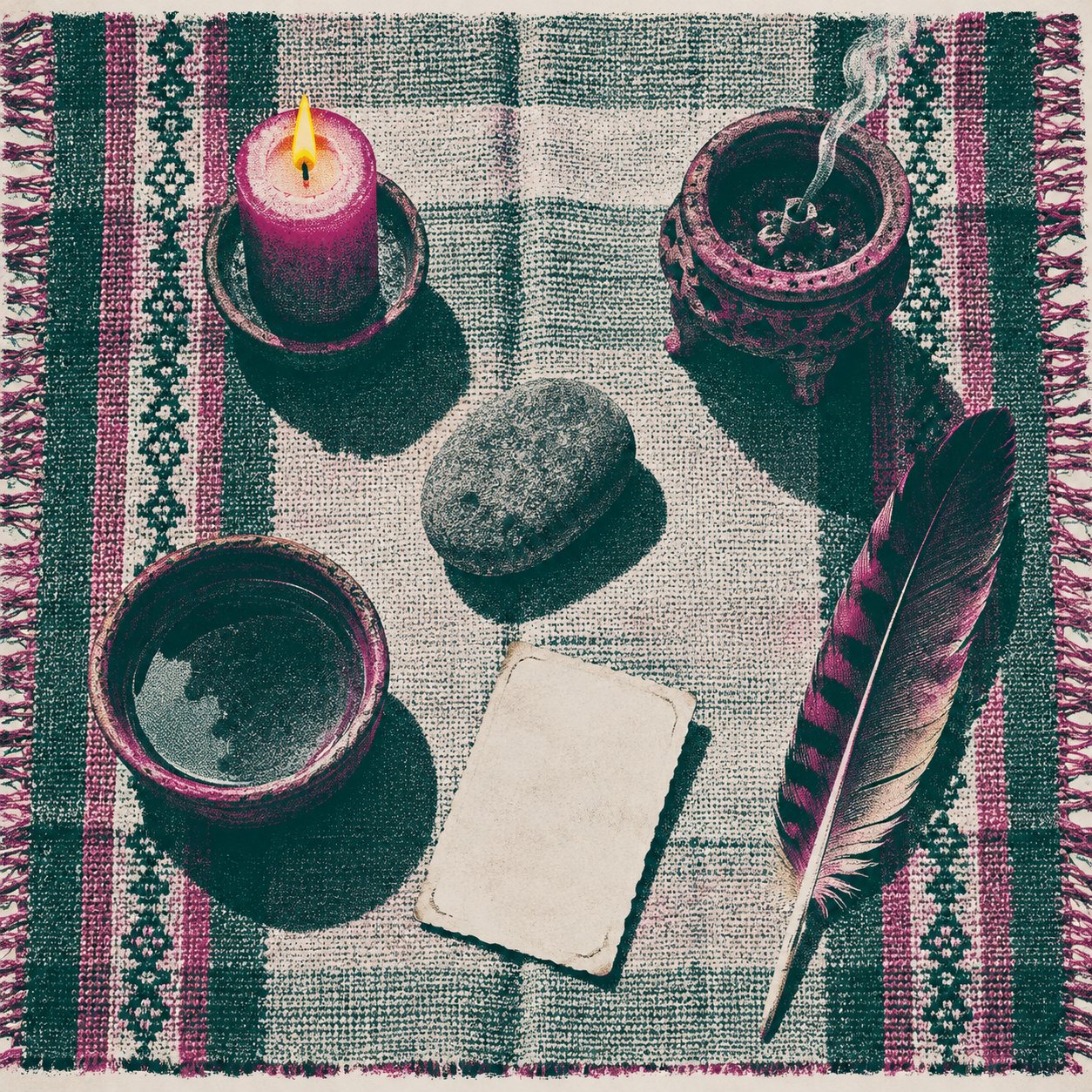 An altar seen from above: a woven cloth, a candle, a stone, a bowl of water, copal, a feather and a photograph