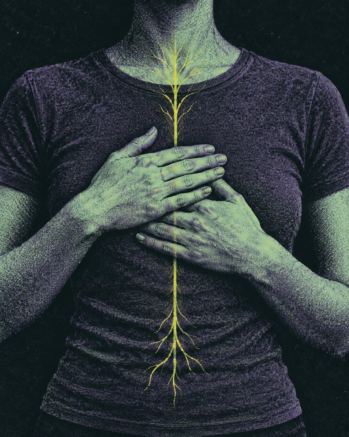 Two hands resting on a chest; a thin line runs down the center like a nerve