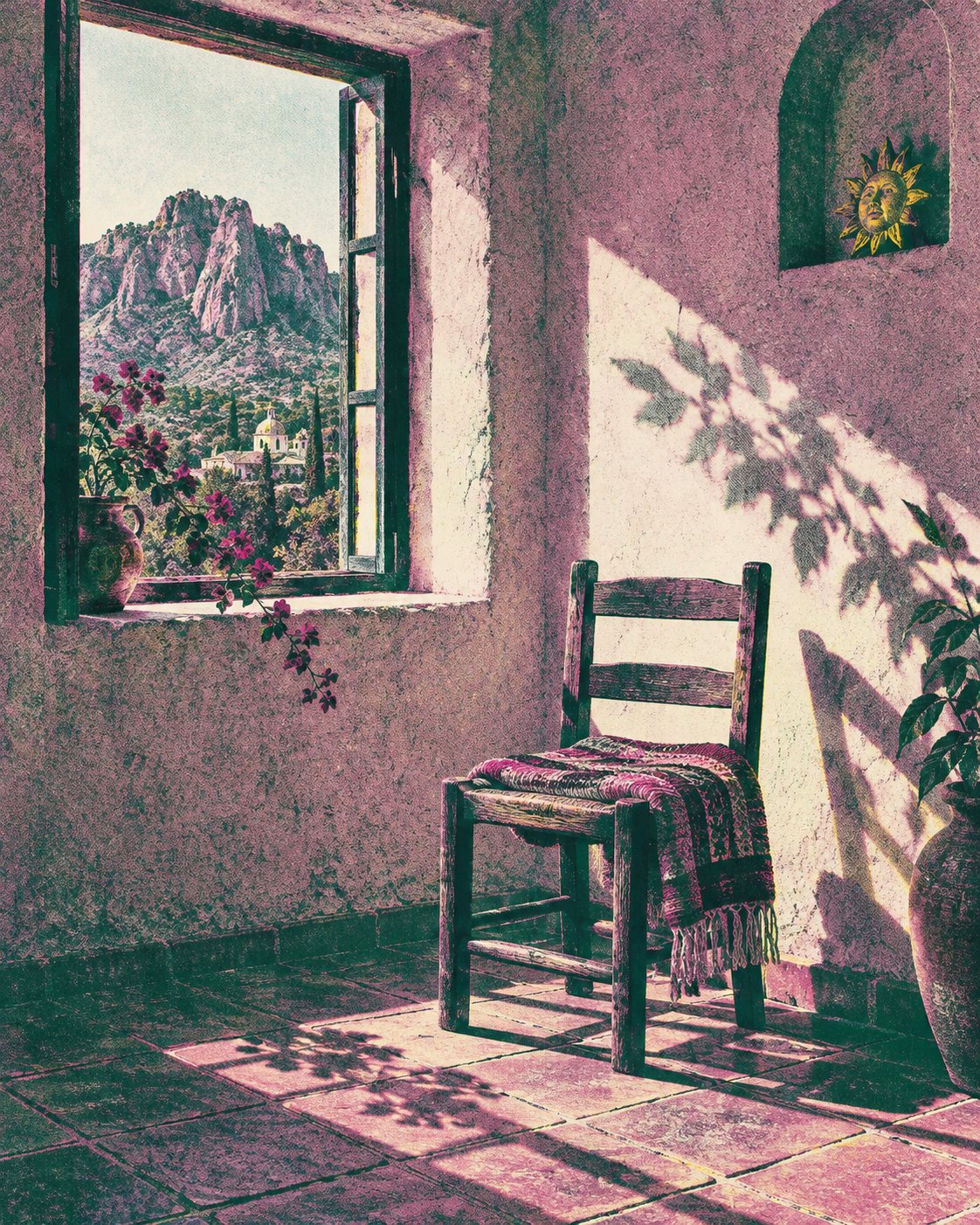 A chair by a window in an adobe room in Tepoztlán, light across the floor