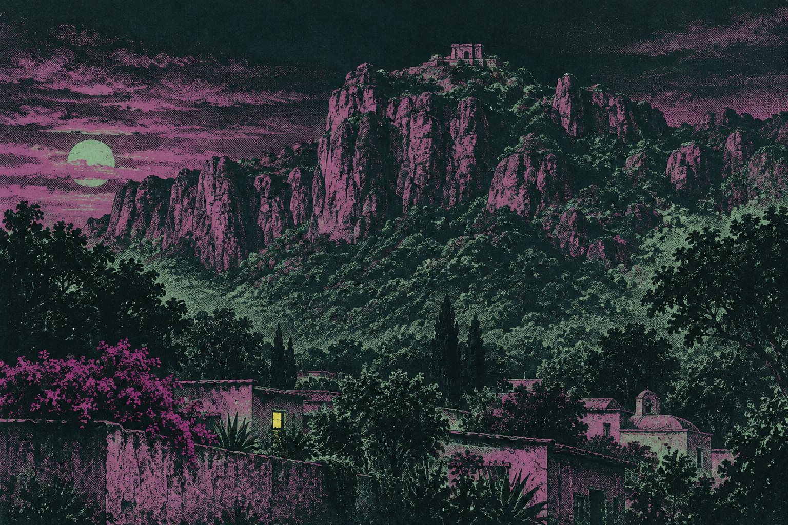 The cliffs of Tepozteco at dusk, one window lit in the valley