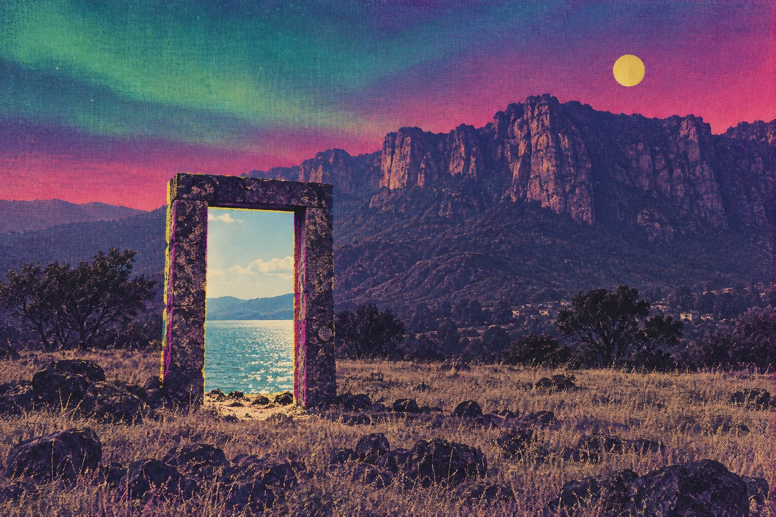 The cliffs of Tepoztlán at dusk, with a stone doorway standing in the field